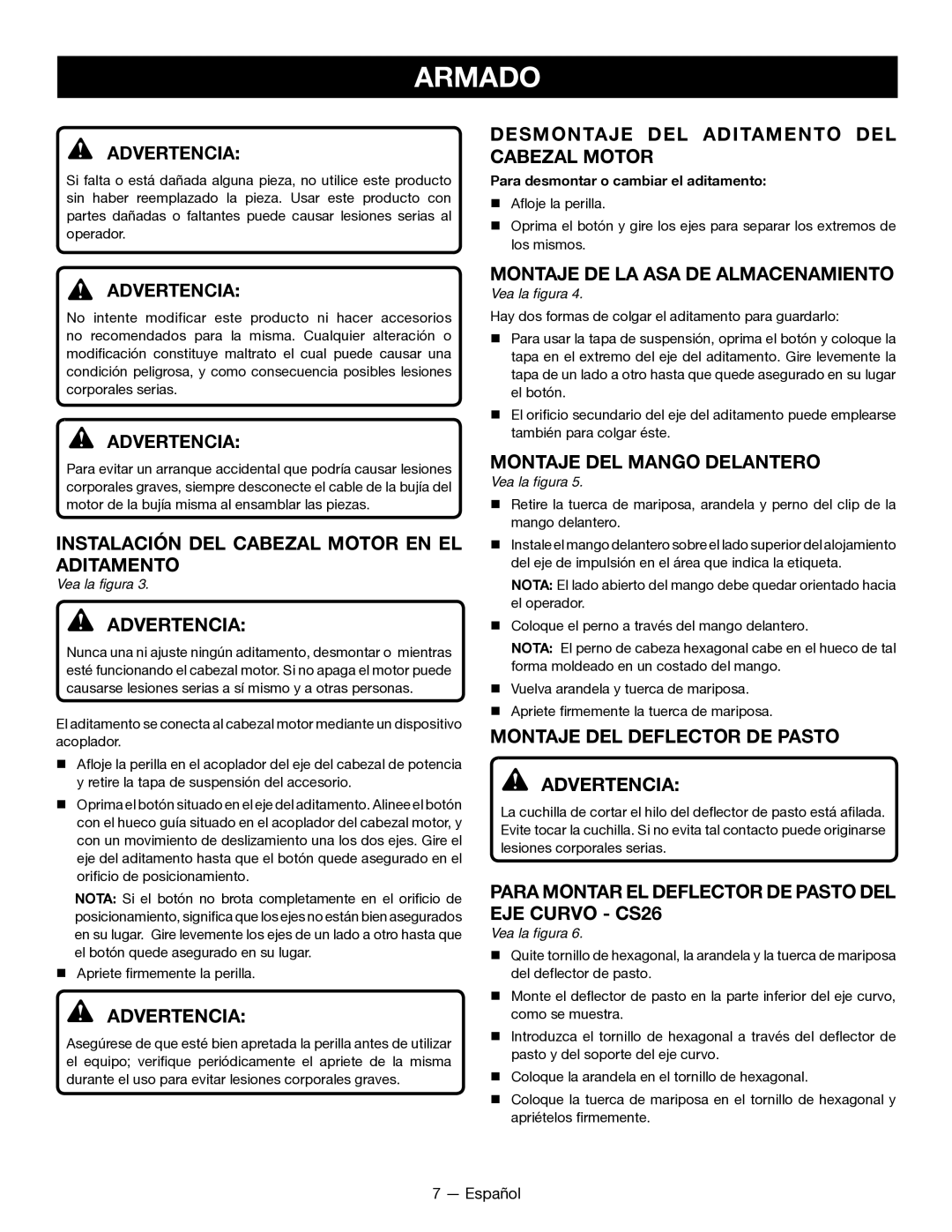 Ryobi SS26 RY28040 Instalación DEL Cabezal Motor EN EL Aditamento, Desmontaje DEL Aditamento DEL Cabezal Motor 